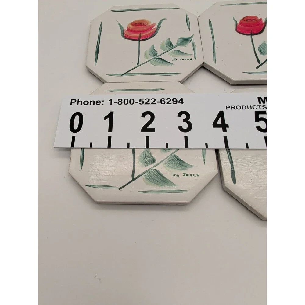 4 Vtg Jo Joyce Hand-painted Tile Coasters Rose Tulip Floral Grandma Core Cottage